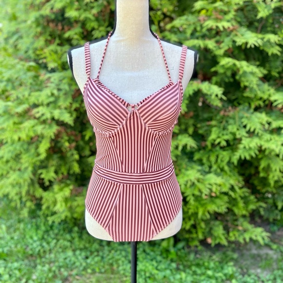 Pink and brown stripe swimsuit - Picture 1 of 4